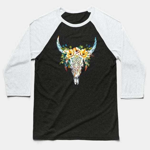 Cow Skull and Crown eucaliptus leaves and little flowers, boho, bull skull Baseball T-Shirt by Collagedream